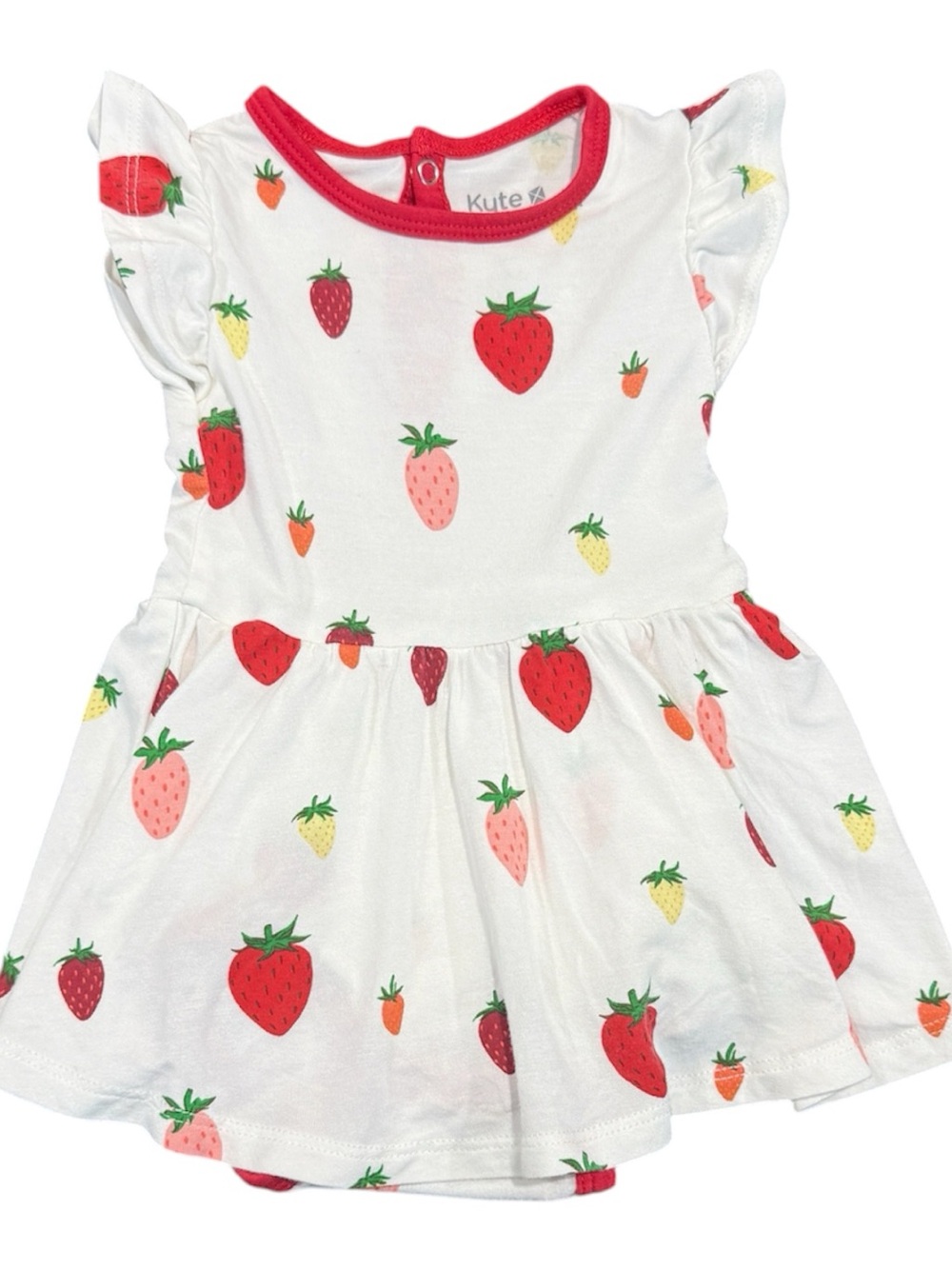 Kyte BABY White Strawberry Print Dress with Red Trim